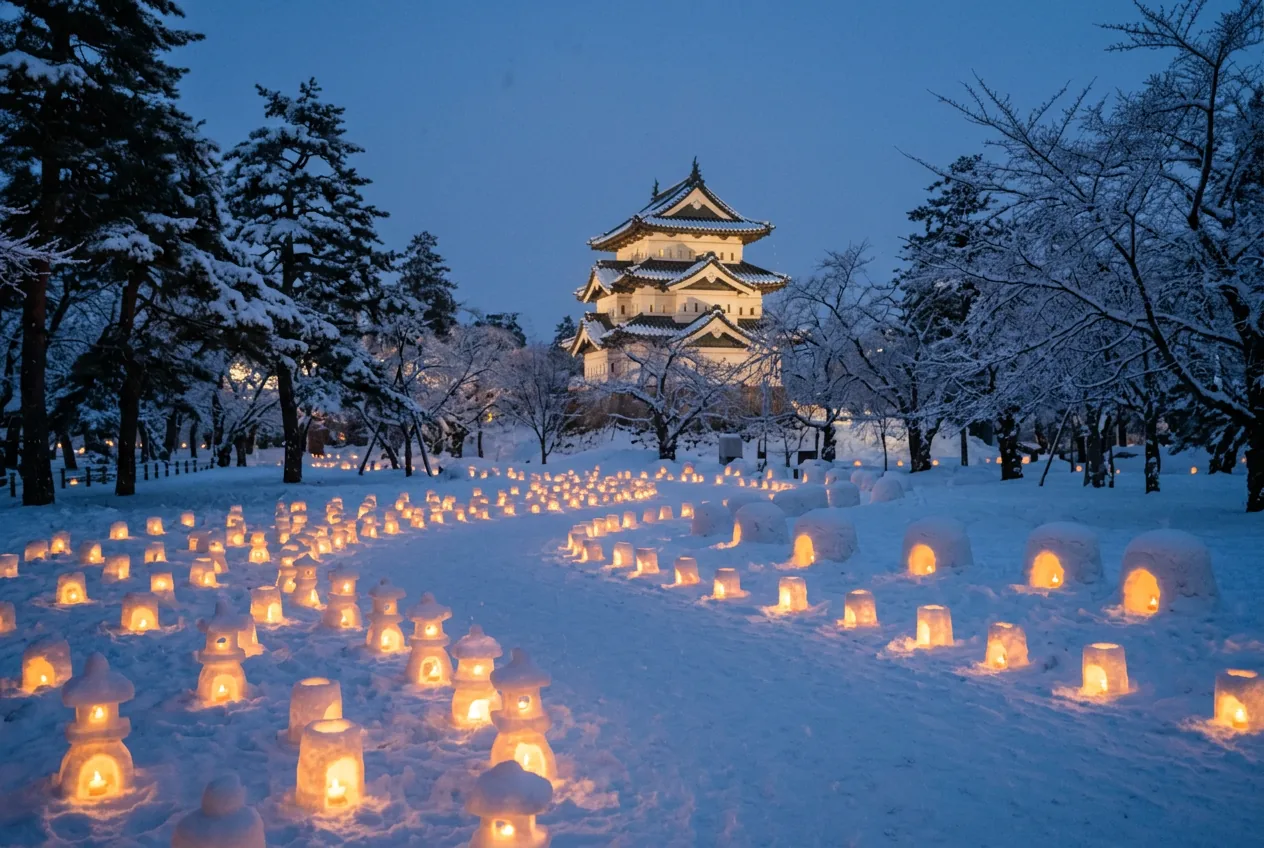 弘前公园雪灯笼祭，暮色中数百座雪灯与远景城楼
